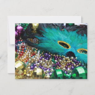 Mardi Gras Beads & Green Feather Mask Invitations
