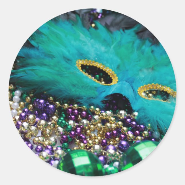 Mardi Gras Beads & Green Feather Mask Stickers (Front)
