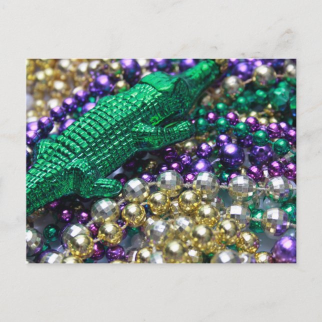 Mardi Gras Beads & Green Gator Postcard (Front)