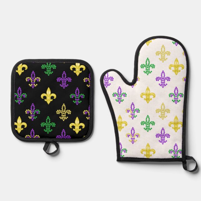 Mardi Gras Beads Oven Mitt & Pot Holder Set (Front)