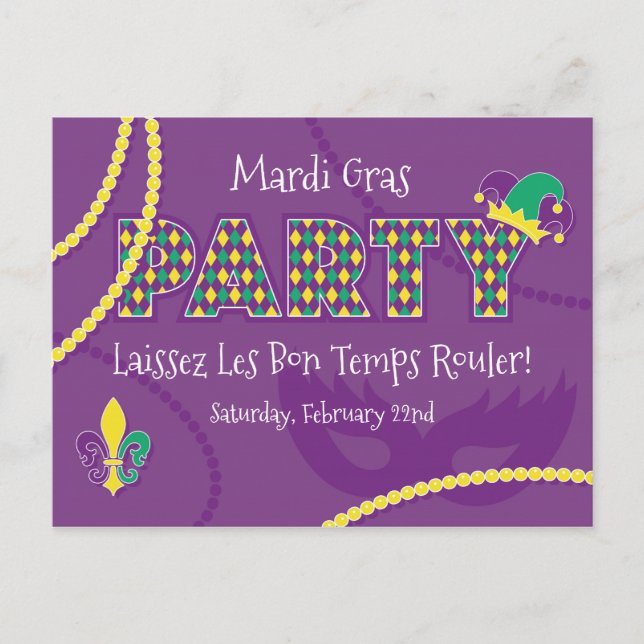 Mardi Gras Beads Party Invitation Postcard (Front)