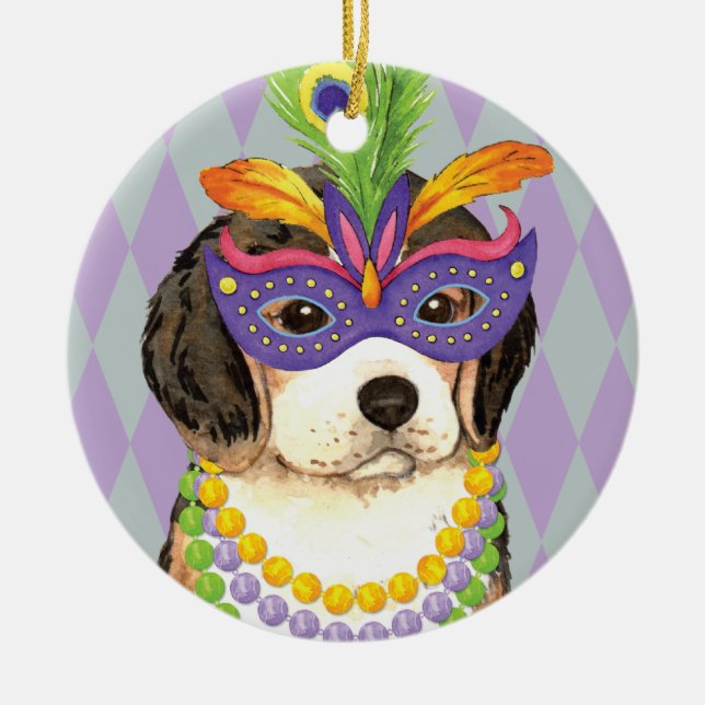 Mardi Gras Beagle Ceramic Tree Decoration (Front)