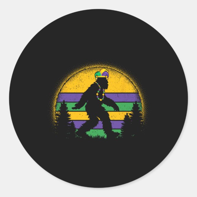 Mardi Gras Bigfoot Funny Kids Men Sasquatch Mardi  Classic Round Sticker (Front)