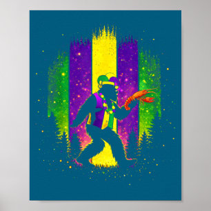 Mardi Gras Bigfoot Sasquatch Beads Illustration Poster
