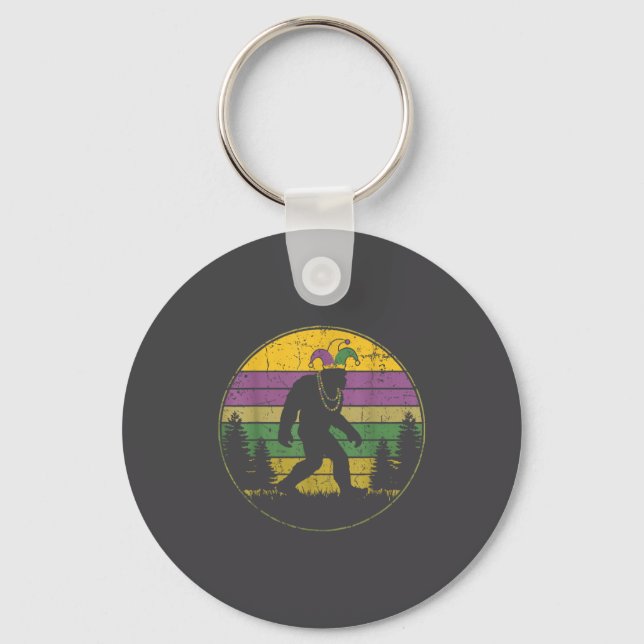 Mardi Gras Bigfoot Sasquatch Jester Key Ring (Front)