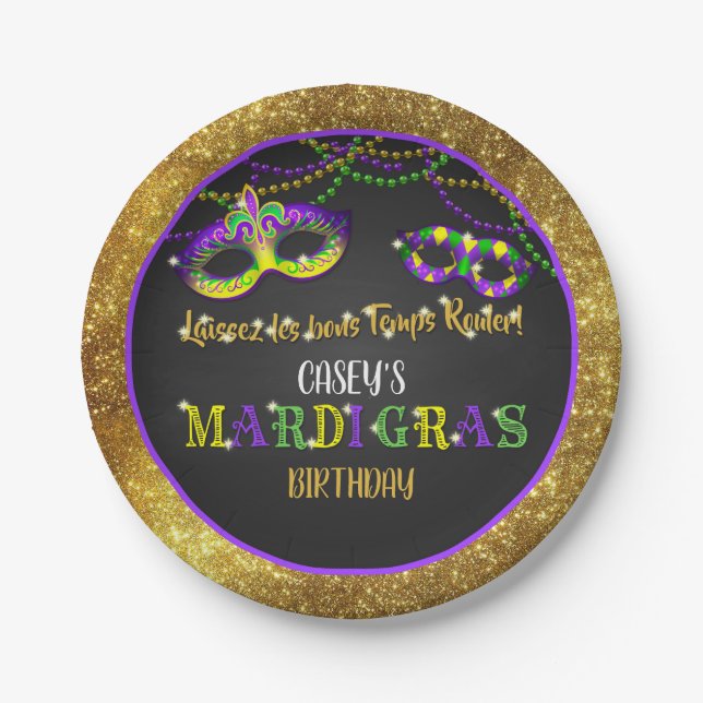 Mardi Gras Birthday (Gold) Paper Plate (Front)