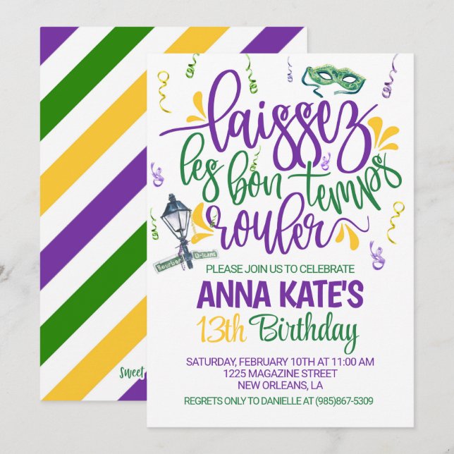 Mardi Gras Birthday Invitation (Front/Back)