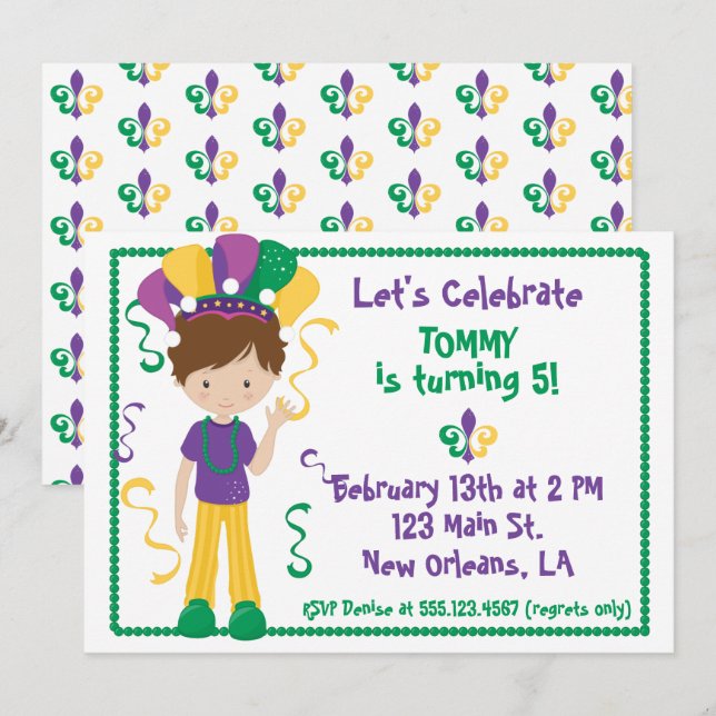 Mardi Gras Birthday Party Invitation For Boy (Front/Back)