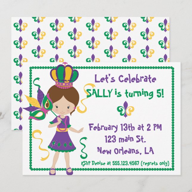 Mardi Gras Birthday Party Invitation For Girl (Front/Back)