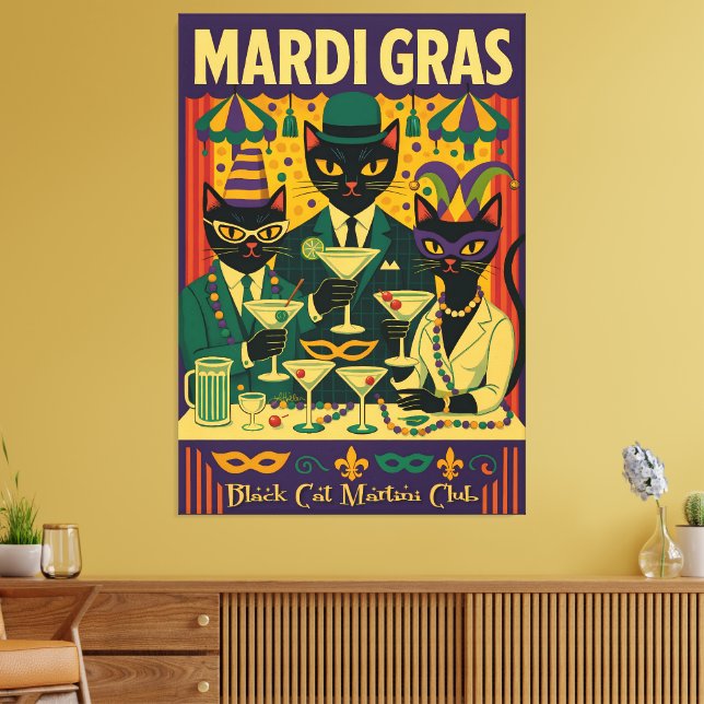 Mardi Gras Black Cat Martini Club Trio Canvas Print (Insitu(LivingRoom))