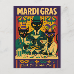 Mardi Gras Black Cat Martini Club Trio Postcard