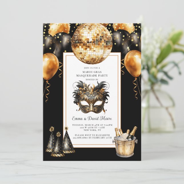 Mardi Gras Black Gold Glitter Invitation (Standing Front)