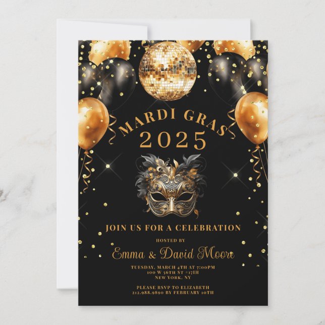 Mardi Gras Black Gold Glitter Masquerade Party Invitation (Front)