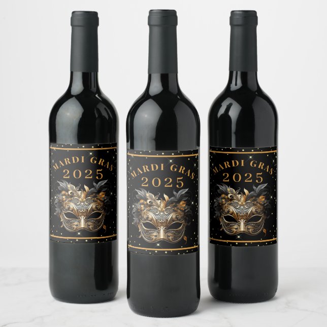 Mardi Gras Black Gold Glitter Party Wine Label (Bottles)