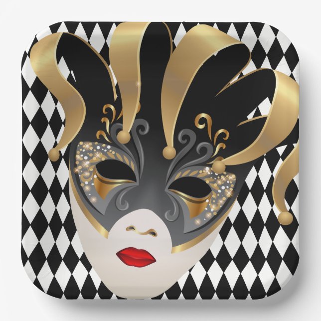 Mardi Gras Black & White Diamond  Paper Plate (Front)