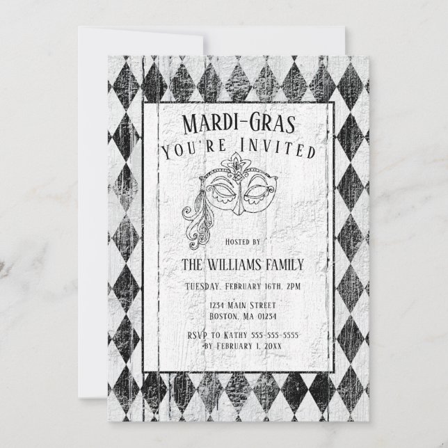 Mardi Gras Black White Masquerade Mask Harlequin Invitation (Front)