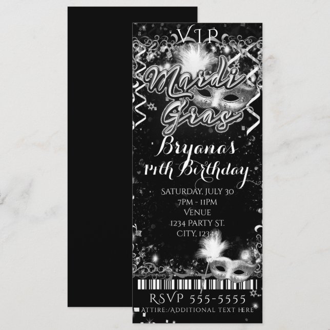 Mardi Gras Black & White VIP Birthday Party Ticket Invitation (Front/Back)