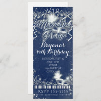 Mardi Gras Blue & White VIP Birthday Party Ticket