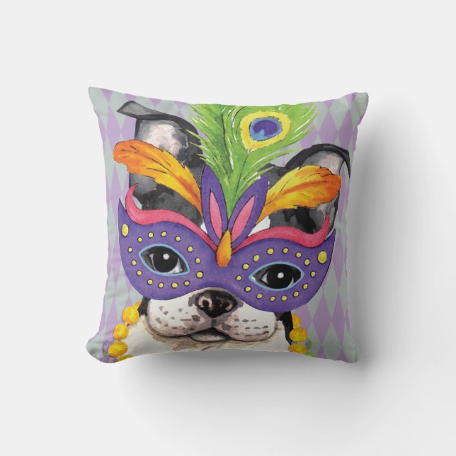 Mardi Gras Boston Terrier Cushion (Front)
