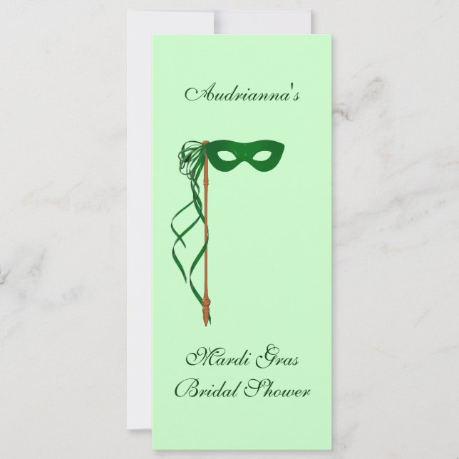 "Mardi Gras Bridal Shower" - Green Mask w/ Ribbon Invitation (Front)