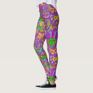 Mardi Gras Bright Purple Green Masquerade Masks Leggings