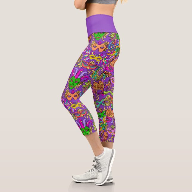 Mardi Gras Bright Purple Pink Masquerade Masks Capri Leggings (Left)