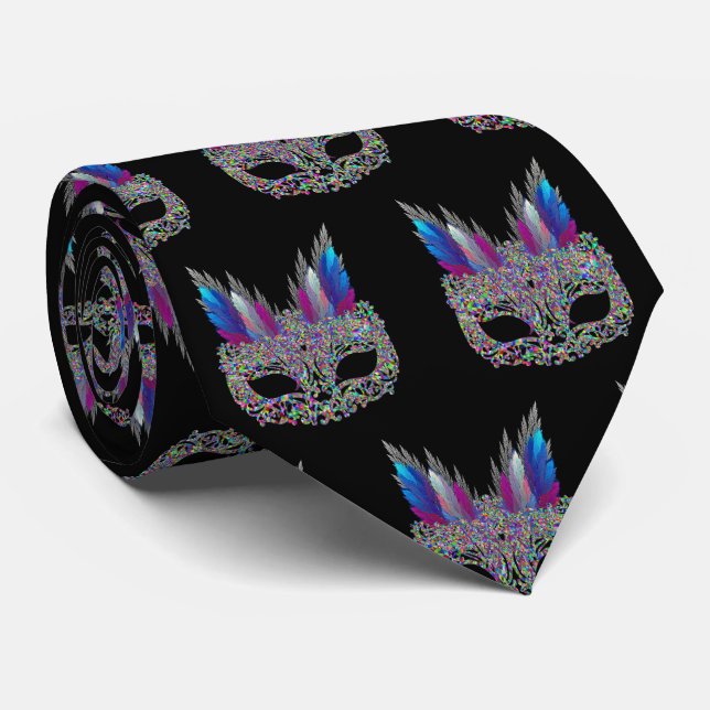 Mardi Gras Carnival  Feather Mask NeckTie 2 (Rolled)