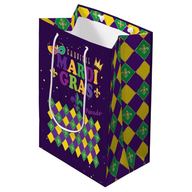 Mardi Gras Carnival Fleur de Lis Diamond Decor Medium Gift Bag (Front Angled)