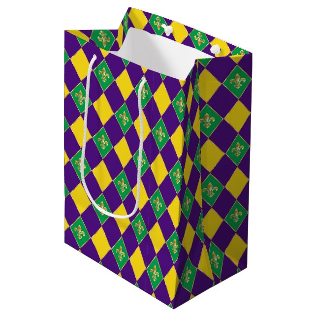 Mardi Gras Carnival Fleur de Lis Diamond Decor Medium Gift Bag (Front Angled)