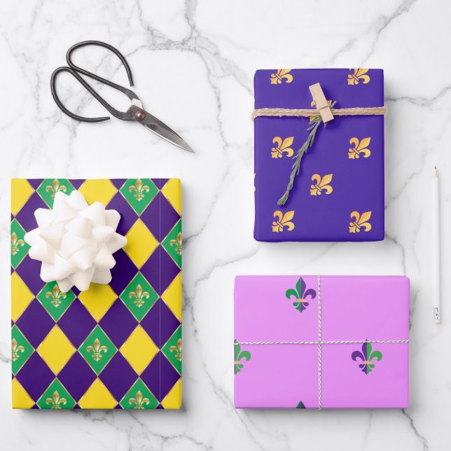 Mardi Gras Carnival Fleur de Lis Diamond Decor Wrapping Paper Sheet (Front)