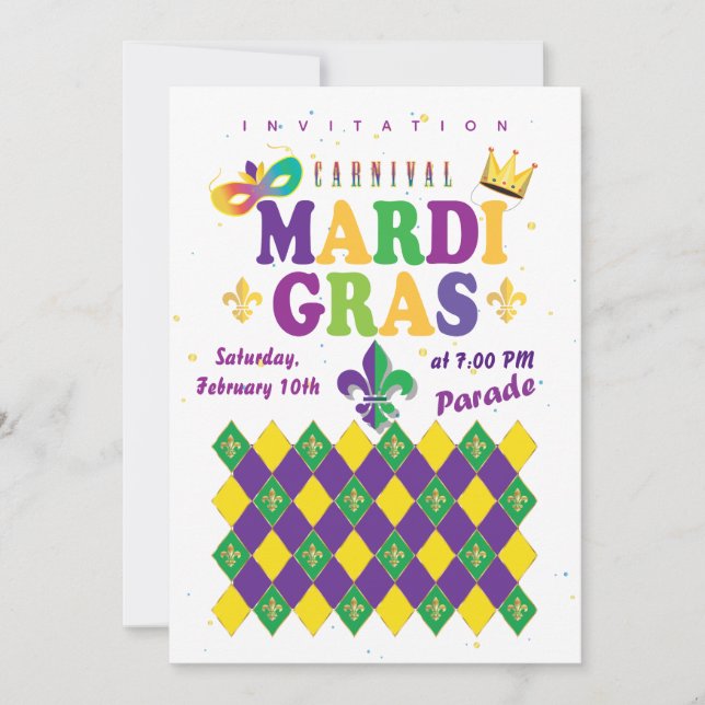 Mardi Gras Carnival Fleur de Lis Diamond Harlequin Invitation (Front)