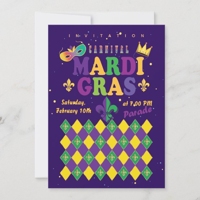Mardi Gras Carnival Fleur de Lis Diamond Harlequin Invitation (Front)