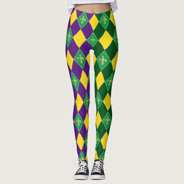 Mardi Gras Carnival Fleur de Lis Diamond Harlequin Leggings (Front)