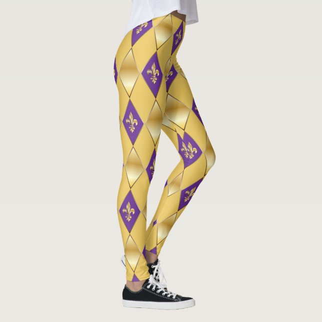 Mardi Gras Carnival Fleur de Lis Diamond Harlequin Leggings (Right)
