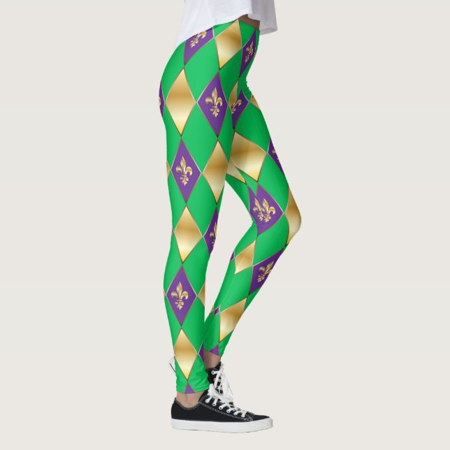 Mardi Gras Carnival Fleur de Lis Diamond Harlequin Leggings (Right)