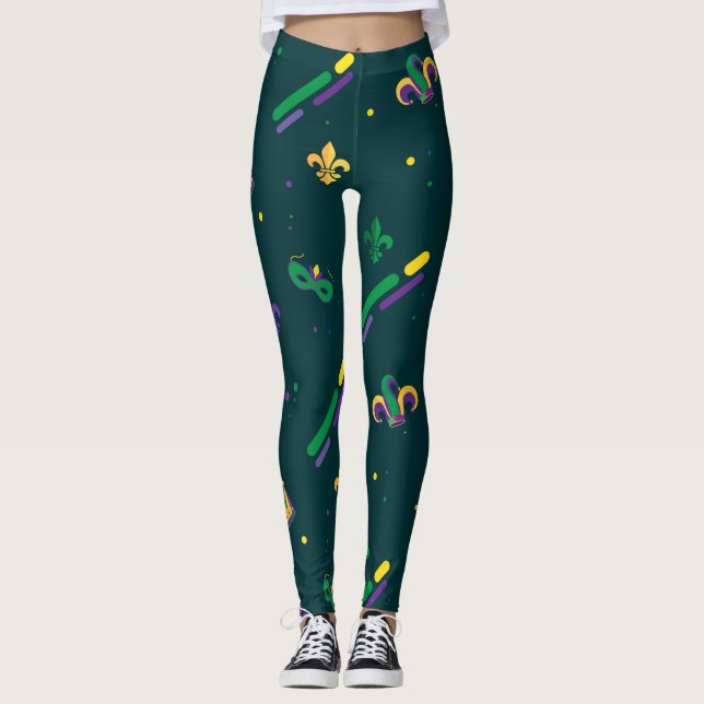Mardi Gras Carnival Fleur de Lis Diamond Harlequin Leggings (Front)