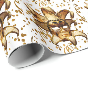 Mardi Gras Carnival Gold Mask With Confetti Wrapping Paper