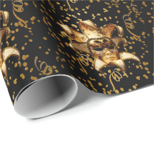 Mardi Gras Carnival Gold Mask With Confetti Wrapping Paper