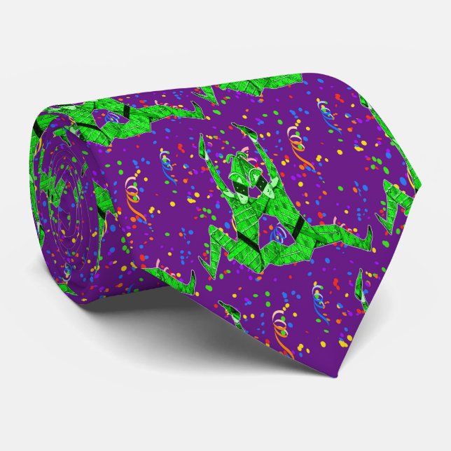 Mardi Gras Carnival  Green Jesters And Confetti Tie (Rolled)