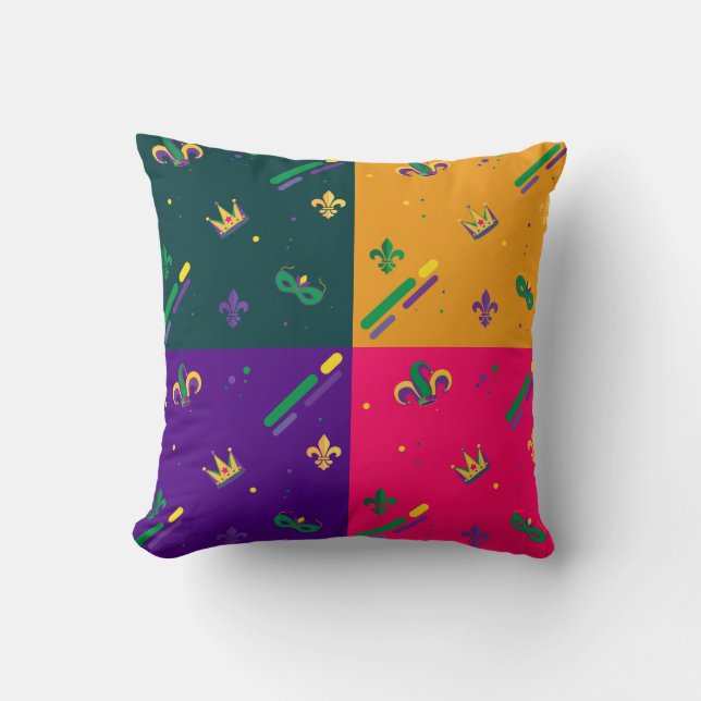 Mardi Gras Carnival Harlequin Fleur de Lis Diamond Cushion (Front)
