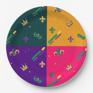 Mardi Gras Carnival Harlequin Fleur de Lis Diamond Paper Plate