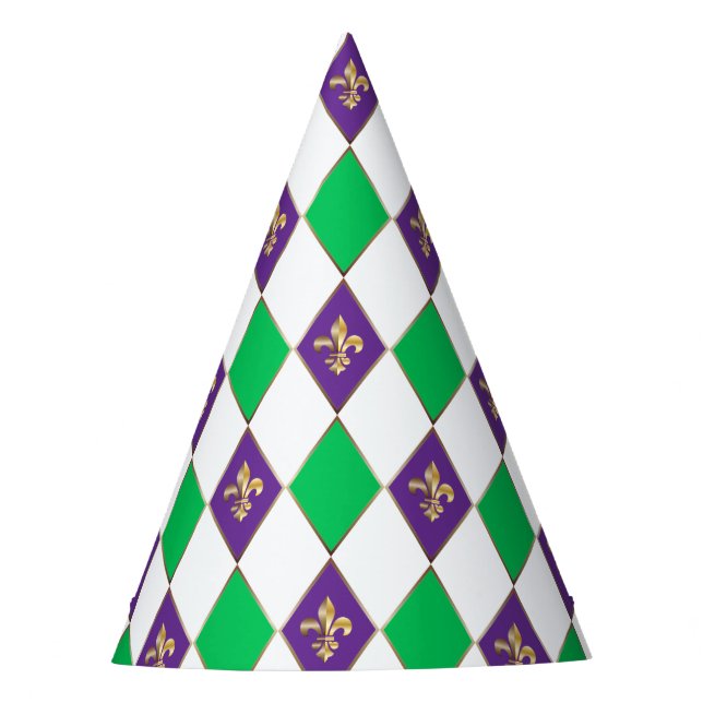 Mardi Gras Carnival Harlequin Fleur de Lis Diamond Party Hat (Front)