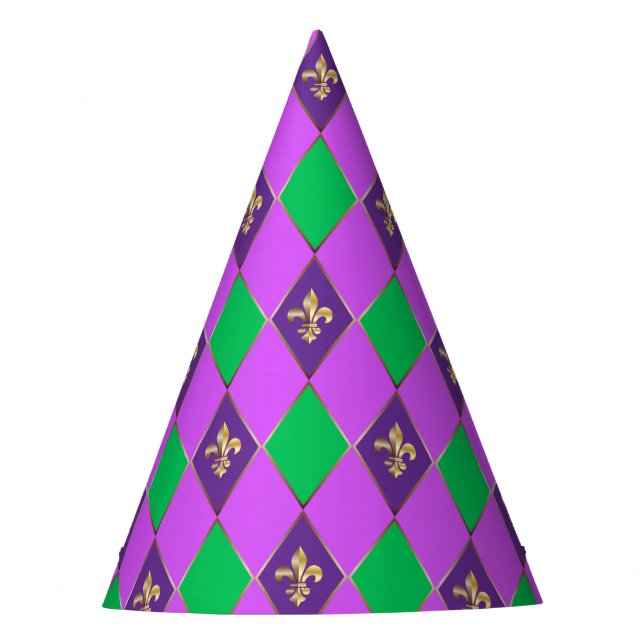 Mardi Gras Carnival Harlequin Fleur de Lis Diamond Party Hat (Front)