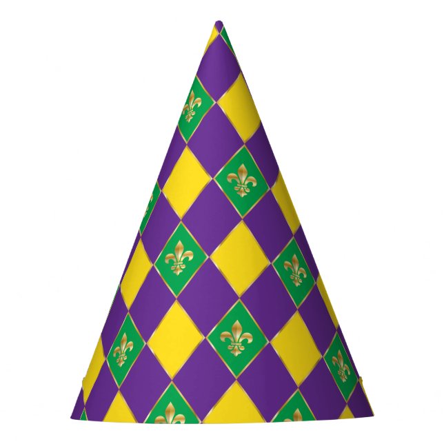 Mardi Gras Carnival Harlequin Fleur de Lis Diamond Party Hat (Front)