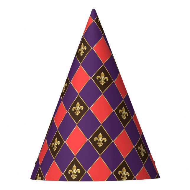 Mardi Gras Carnival Harlequin Fleur de Lis Diamond Party Hat (Front)