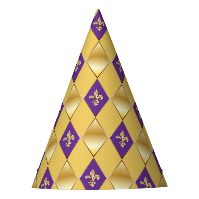 Mardi Gras Carnival Harlequin Fleur de Lis Diamond Party Hat (Front)