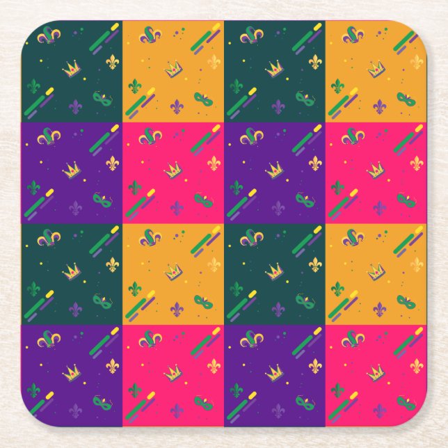 Mardi Gras Carnival Harlequin Fleur de Lis Diamond Square Paper Coaster (Front)