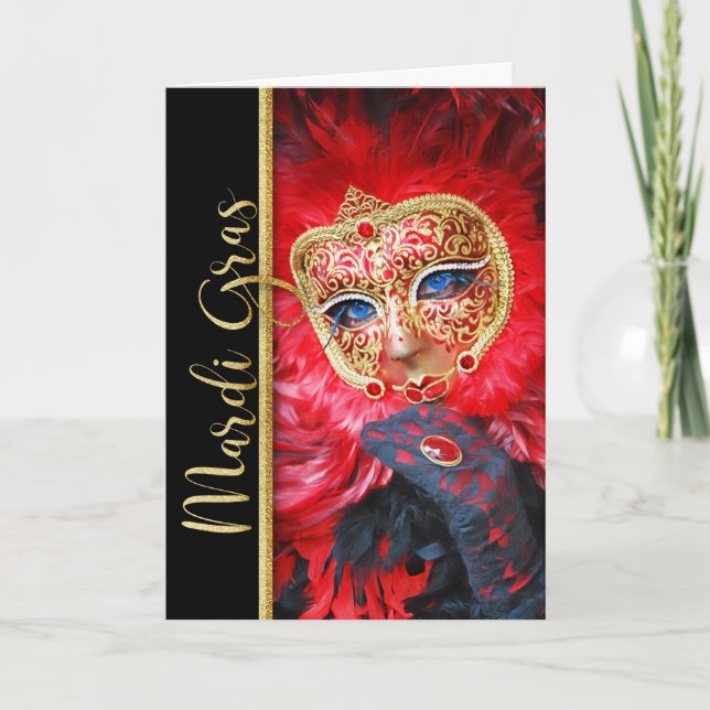 Mardi Gras Carnival Mask with Red Feathers Card (Front)