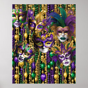 Mardi Gras Carnival Purple Green Masks Beads Art  Poster