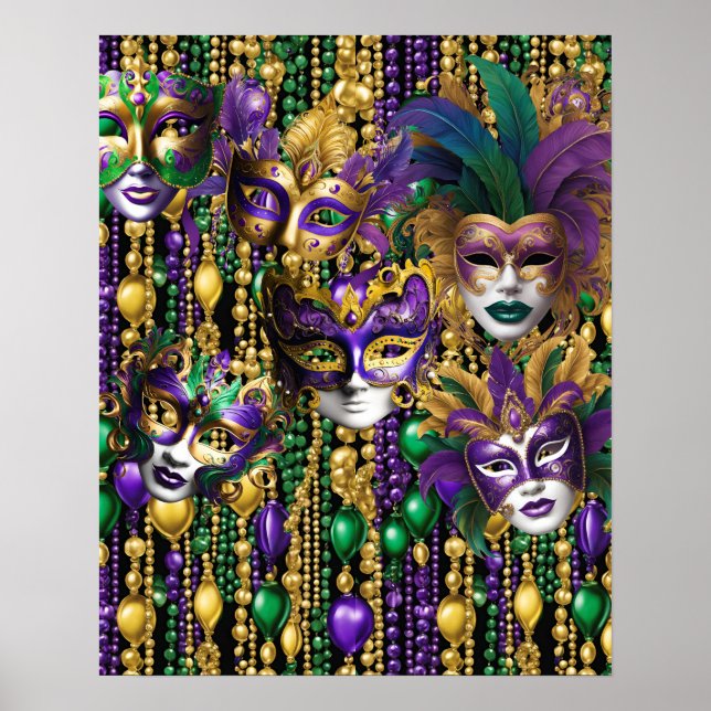 Mardi Gras Carnival Purple Green Masks Beads Art  Poster (Front)